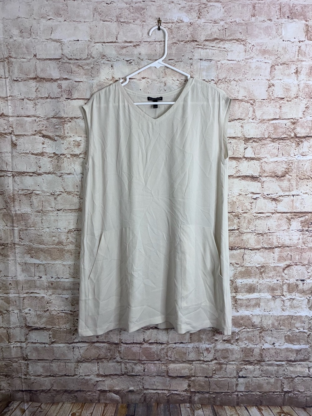 Eileen Fisher Georgette Silk Crepe V-Neck Tunic Top in Bone Ivory Size XS